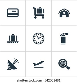 Set Of 9 Simple Transportation Icons. Can Be Found Such Elements As Takeoff, Garage, Protection Tool And Other.