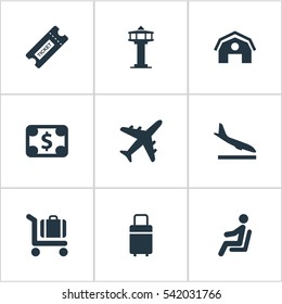 Set Of 9 Simple Transportation Icons. Can Be Found Such Elements As Plane, Travel Bag, Currency And Other.