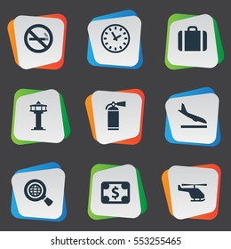 Set Of 9 Simple Transportation Icons. Can Be Found Such Elements As Cigarette Forbidden, Air Transport, Global Research And Other.