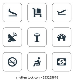 Set Of 9 Simple Transportation Icons. Can Be Found Such Elements As Baggage Cart, Flight Control Tower, Takeoff And Other.