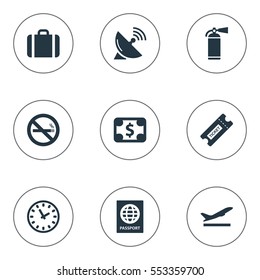 Set Of 9 Simple Transportation Icons. Can Be Found Such Elements As Antenna, Currency, Watch And Other.