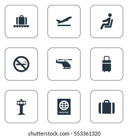 Set Of 9 Simple Transportation Icons. Can Be Found Such Elements As Air Transport, Takeoff, Flight Control Tower And Other.