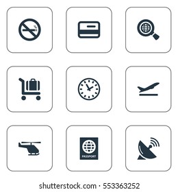 Set Of 9 Simple Transportation Icons. Can Be Found Such Elements As Watch, Credit Card, Certificate Of Citizenship And Other.