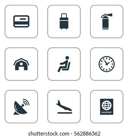 Set Of 9 Simple Transportation Icons. Can Be Found Such Elements As Alighting Plane, Antenna, Credit Card And Other.