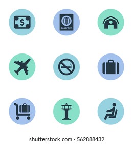 Set Of 9 Simple Transportation Icons. Can Be Found Such Elements As Currency , Baggage Cart, Handbag.