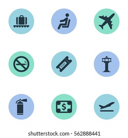 Set Of 9 Simple Transportation Icons. Can Be Found Such Elements As Seat, Flight Control Tower, Cigarette Forbidden And Other.