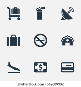 Set Of 9 Simple Transportation Icons. Can Be Found Such Elements As Alighting Plane, Antenna , Handbag.