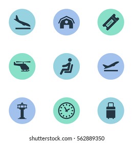 Set Of 9 Simple Transportation Icons. Can Be Found Such Elements As Takeoff, Alighting Plane, Seat And Other.