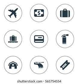 Set Of 9 Simple Transportation Icons. Can Be Found Such Elements As Coupon, Air Transport, Protection Tool And Other.