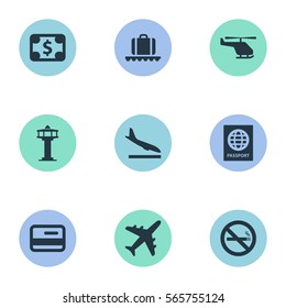 Set Of 9 Simple Transportation Icons. Can Be Found Such Elements As Cigarette Forbidden, Credit Card, Luggage Carousel And Other.