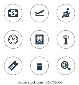 Set Of 9 Simple Transportation Icons. Can Be Found Such Elements As Currency, Watch, Certificate Of Citizenship And Other.