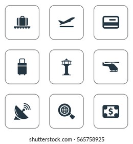 Set Of 9 Simple Transportation Icons. Can Be Found Such Elements As Credit Card, Luggage Carousel, Antenna And Other.