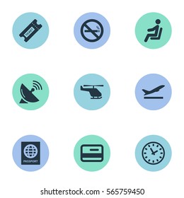Set Of 9 Simple Transportation Icons. Can Be Found Such Elements As Seat, Certificate Of Citizenship, Antenna And Other.
