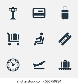 Set Of 9 Simple Transportation Icons. Can Be Found Such Elements As Seat, Luggage Carousel, Watch And Other.