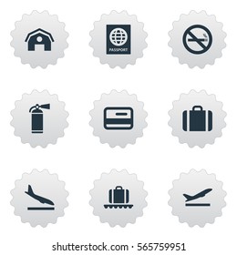 Set Of 9 Simple Transportation Icons. Can Be Found Such Elements As Credit Card, Luggage Carousel, Alighting Plane And Other.