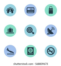 Set Of 9 Simple Transportation Icons. Can Be Found Such Elements As Cigarette Forbidden, Certificate Of Citizenship, Credit Card And Other.