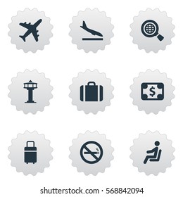 Set Of 9 Simple Transportation Icons. Can Be Found Such Elements As Alighting Plane, Flight Control Tower, Handbag.