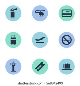 Set Of 9 Simple Transportation Icons. Can Be Found Such Elements As Cigarette Forbidden, Air Transport, Protection Tool And Other.