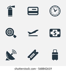 Set Of 9 Simple Transportation Icons. Can Be Found Such Elements As Coupon, Takeoff, Travel Bag And Other.