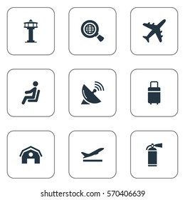 Set Of 9 Simple Transportation Icons. Can Be Found Such Elements As Plane, Flight Control Tower, Garage And Other.