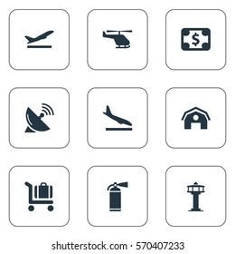 Set Of 9 Simple Transportation Icons. Can Be Found Such Elements As Takeoff, Flight Control Tower, Currency And Other.
