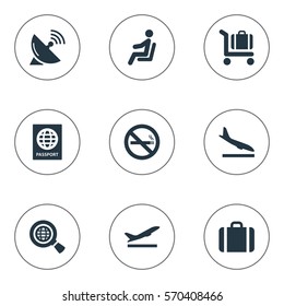 Set Of 9 Simple Transportation Icons. Can Be Found Such Elements As Cigarette Forbidden, Takeoff, Alighting Plane And Other.