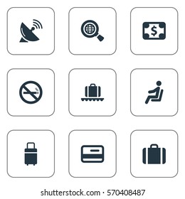 Set Of 9 Simple Transportation Icons. Can Be Found Such Elements As Luggage Carousel, Antenna, Travel Bag And Other.