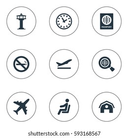 Set Of 9 Simple Transportation Icons. Can Be Found Such Elements As Takeoff, Plane, Global Research And Other.
