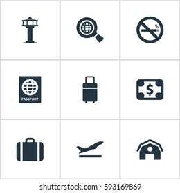 Set Of 9 Simple Transportation Icons. Can Be Found Such Elements As Takeoff, Global Research, Currency And Other.
