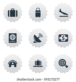 Set Of 9 Simple Transportation Icons. Can Be Found Such Elements As Global Research, Currency, Antenna And Other.