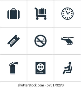 Set Of 9 Simple Transportation Icons. Can Be Found Such Elements As Seat, Protection Tool, Air Transport And Other.