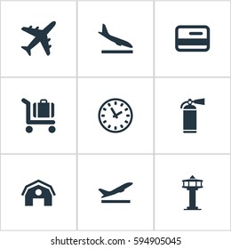 Set Of 9 Simple Transportation Icons. Can Be Found Such Elements As Flight Control Tower, Takeoff, Alighting Plane And Other.