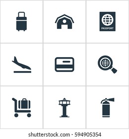 Set Of 9 Simple Transportation Icons. Can Be Found Such Elements As Alighting Plane, Global Research, Travel Bag And Other.