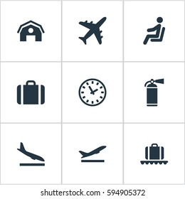 Set Of 9 Simple Transportation Icons. Can Be Found Such Elements As Takeoff, Alighting Plane, Luggage Carousel And Other.