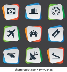 Set Of 9 Simple Transportation Icons. Can Be Found Such Elements As Coupon, Watch, Luggage Carousel And Other.