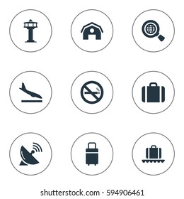 Set Of 9 Simple Transportation Icons. Can Be Found Such Elements As Garage, Travel Bag, Alighting Plane And Other.