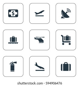 Set Of 9 Simple Transportation Icons. Can Be Found Such Elements As Alighting Plane, Baggage Cart, Currency And Other.