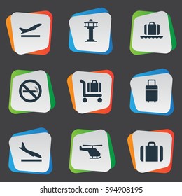 Set Of 9 Simple Transportation Icons. Can Be Found Such Elements As Takeoff, Air Transport , Handbag.