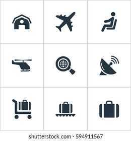 Set Of 9 Simple Transportation Icons. Can Be Found Such Elements As Garage, Luggage Carousel, Plane And Other.