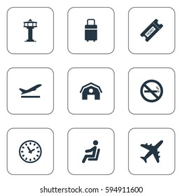 Set Of 9 Simple Transportation Icons. Can Be Found Such Elements As Cigarette Forbidden, Coupon, Takeoff And Other.