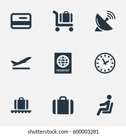 Set Of 9 Simple Transportation Icons. Can Be Found Such Elements As Luggage Carousel, Handbag, Credit Card.