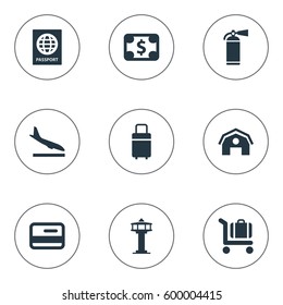 Set Of 9 Simple Transportation Icons. Can Be Found Such Elements As Certificate Of Citizenship, Currency, Garage And Other.