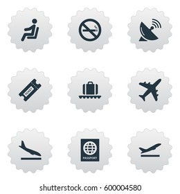 Set Of 9 Simple Transportation Icons. Can Be Found Such Elements As Alighting Plane, Certificate Of Citizenship, Antenna And Other.