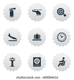 Set Of 9 Simple Transportation Icons. Can Be Found Such Elements As Global Research, Air Transport, Alighting Plane And Other.