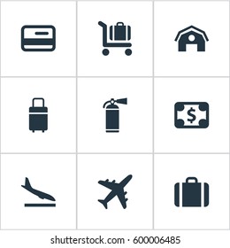 Set Of 9 Simple Transportation Icons. Can Be Found Such Elements As Currency, Alighting Plane, Travel Bag And Other.