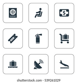 Set Of 9 Simple Travel Icons. Can Be Found Such Elements As Coupon, Baggage Cart, Seat And Other.