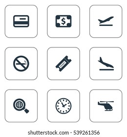 Set Of 9 Simple Travel Icons. Can Be Found Such Elements As Credit Card, Alighting Plane, Coupon And Other.