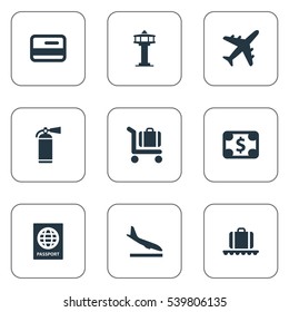 Set Of 9 Simple Travel Icons. Can Be Found Such Elements As Credit Card, Plane, Baggage Cart And Other.