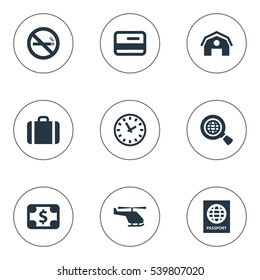 Set Of 9 Simple Travel Icons. Can Be Found Such Elements As Credit Card, Global Research, Watch And Other.