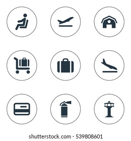 Conjunto de 9 Ícones de viagem simples. Pode ser encontrado elementos como ferramenta de proteção, avião de desembarque, garagem e outros.